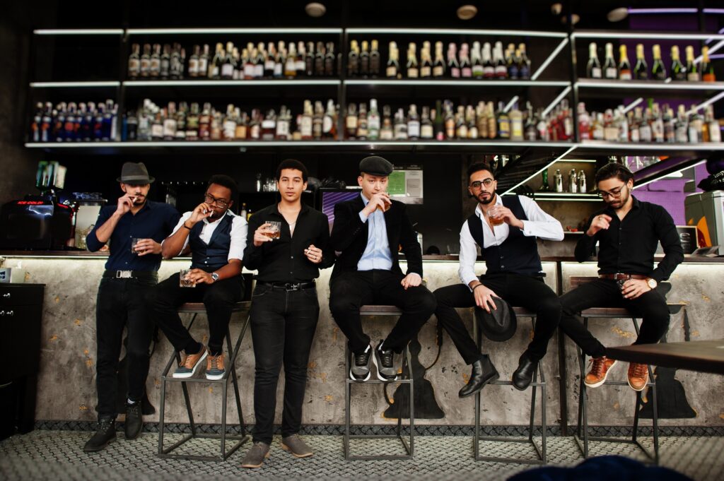 Multiethnic male bachelor mafia party