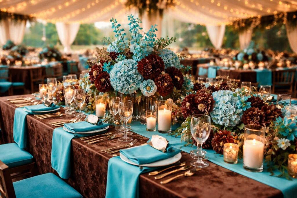 découvrez comment intégrer des fleurs élégantes pour sublimer une décoration de mariage aux couleurs turquoise et chocolat, en mettant en avant les éléments clés pour une ambiance harmonieuse et raffinée.