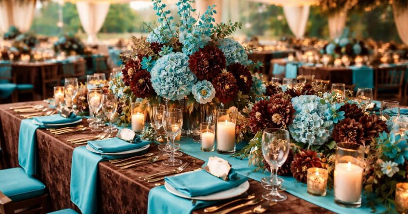 Des fleurs aux tables : éléments clés de la décoration de mariage turquoise et chocolat