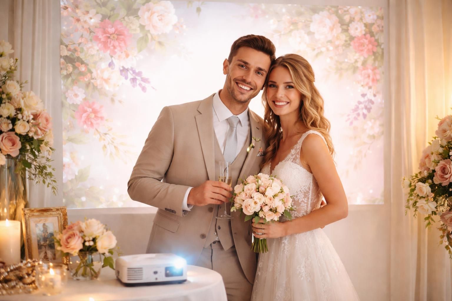 découvrez notre photo-booth avec fond animé de mariage projeté grâce au mini vidéoprojecteur epson, pour des souvenirs uniques et personnalisés lors de votre journée spéciale.