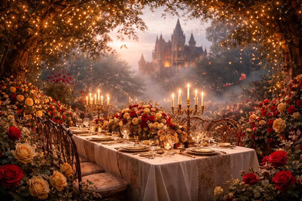 découvrez comment créer une ambiance féerique pour un mariage sur le thème de la belle et la bête grâce à une décoration florale magique et romantique.