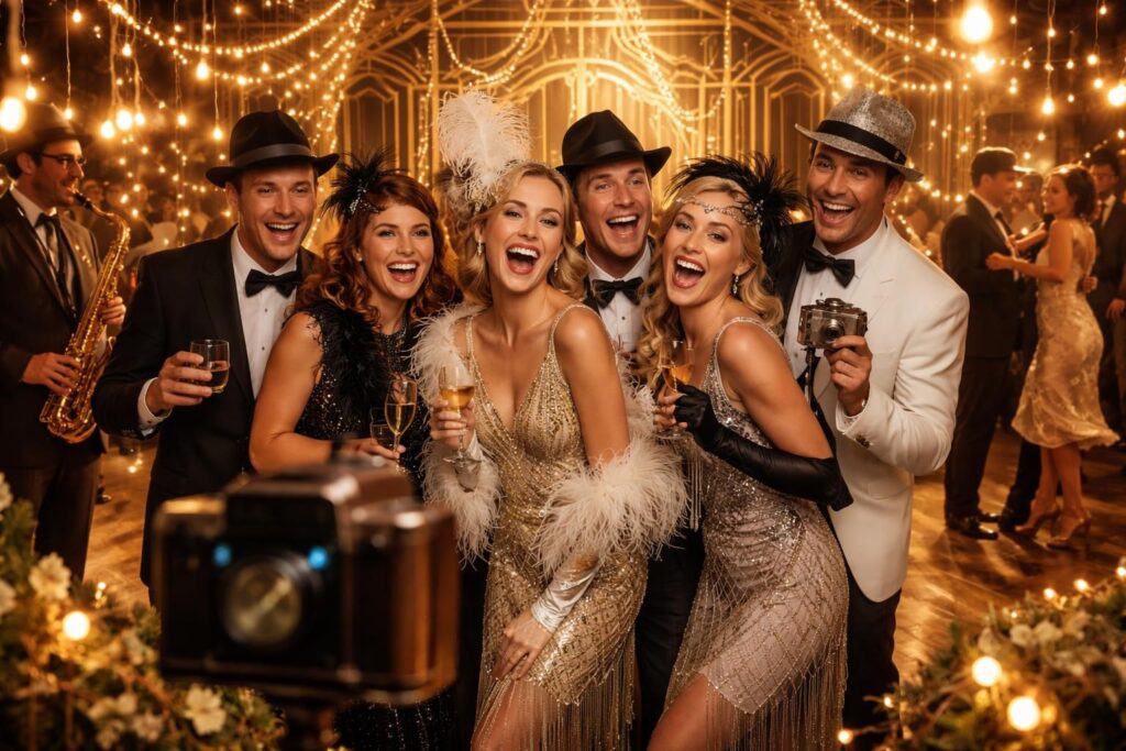 découvrez notre photobooth et nos animations pour une soirée thème charleston, idéals pour un mariage joyeux et mémorable remplis d'élégance des années folles.