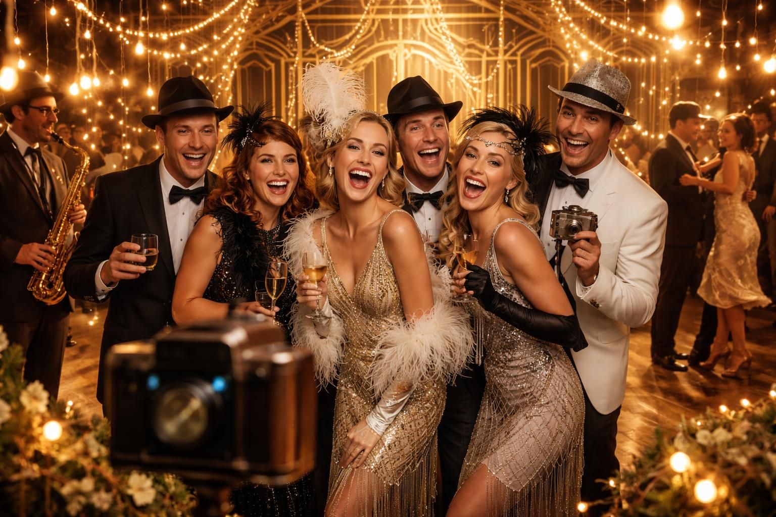 découvrez notre photobooth et nos animations pour une soirée thème charleston, idéals pour un mariage joyeux et mémorable remplis d'élégance des années folles.