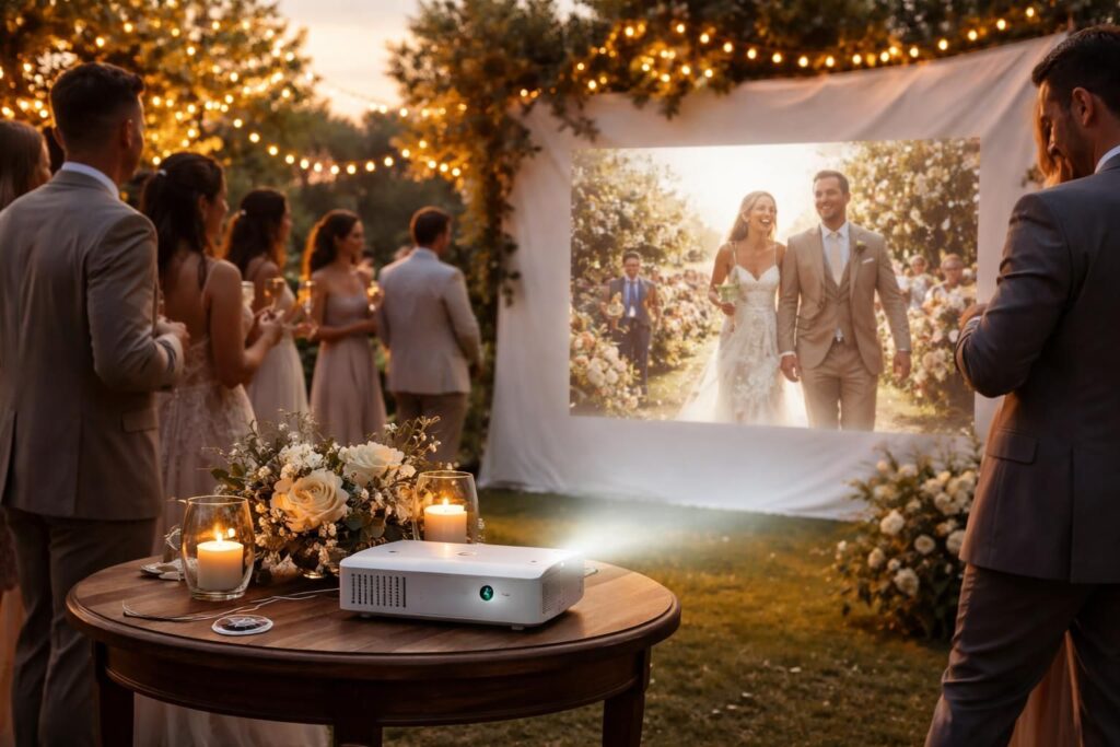 projetez en direct vos photos de mariage lors du cocktail grâce au mini vidéoprojecteur acer, pour une animation conviviale et inoubliable.