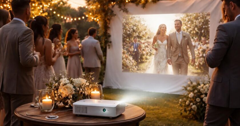 Photos du mariage projetées en direct au cocktail avec mini vidéoprojecteur Acer
