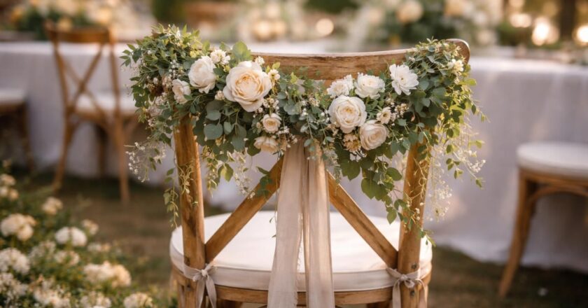 Idée de décoration de chaise pour un mariage : misez sur les fleurs et la verdure