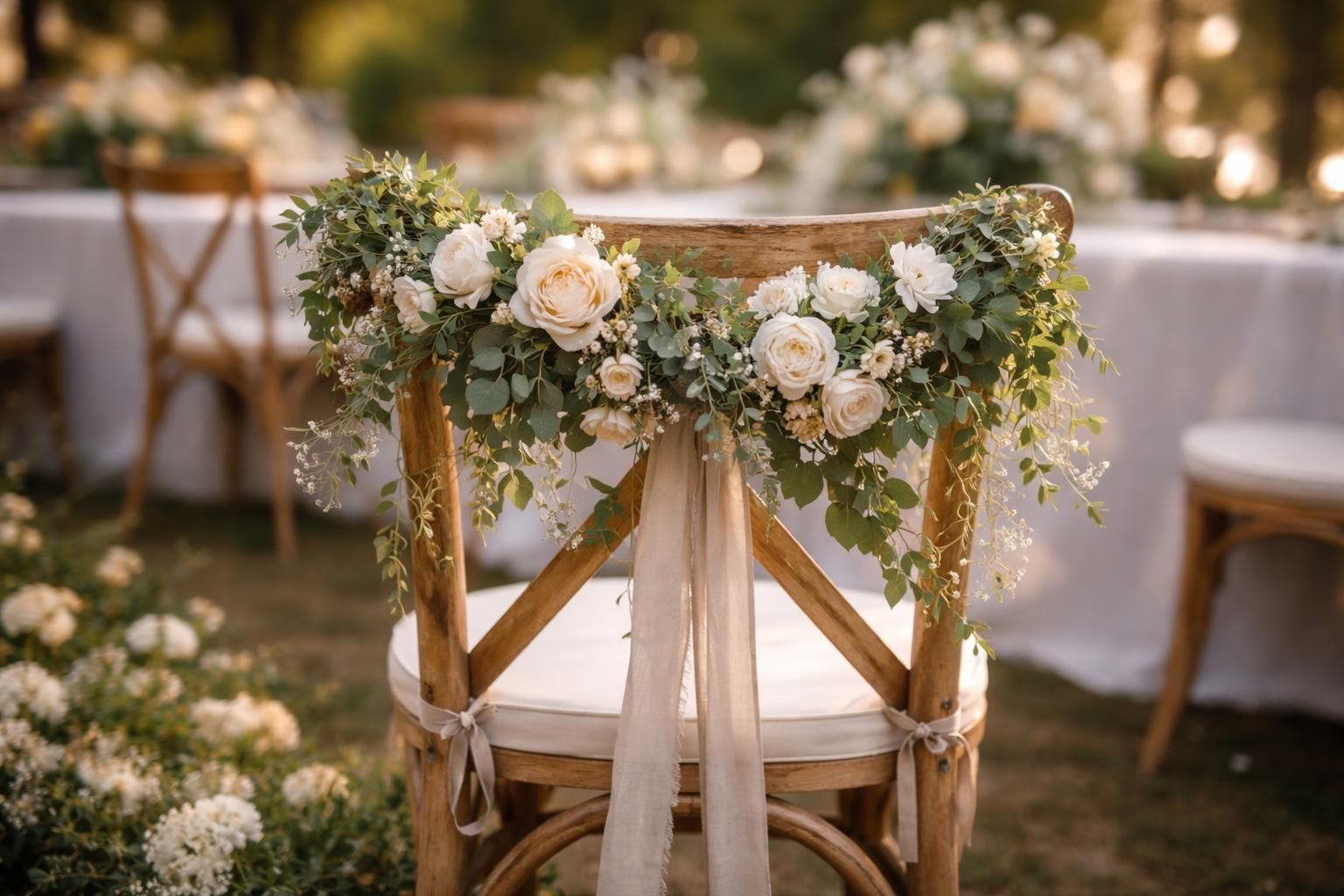 découvrez des idées de décoration de chaise pour un mariage en misant sur des fleurs fraîches et de la verdure pour une ambiance naturelle et élégante.