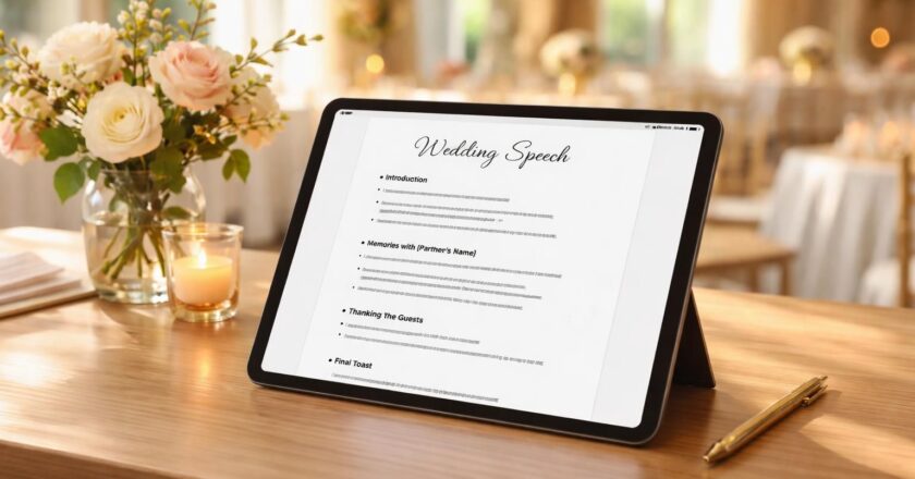 Les notes de discours du mariage prêtes sur tablette tactile, sans feuilles