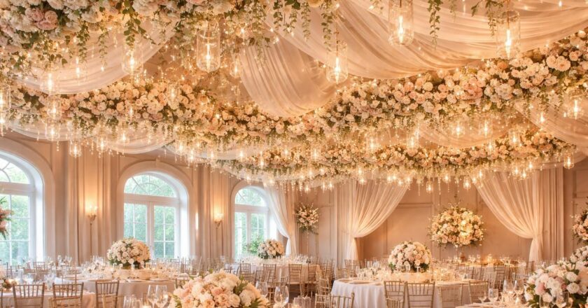 Personnalisez votre événement avec cette idée de déco de plafond pour une salle de mariage