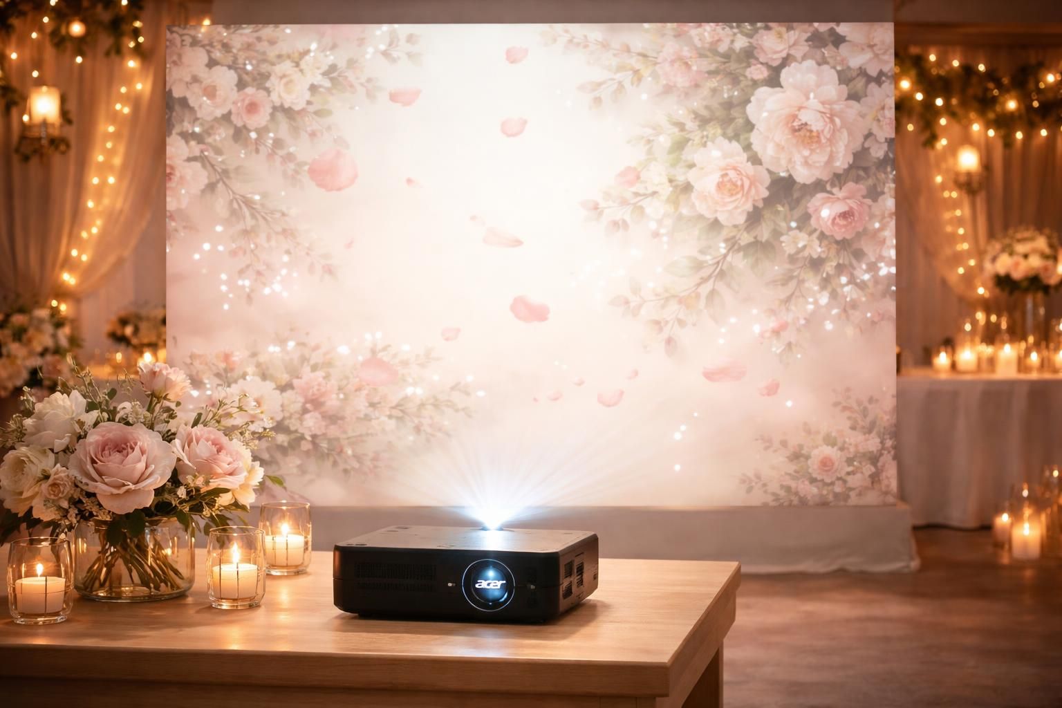 découvrez un fond animé unique pour votre photo-booth de mariage, projeté avec un mini vidéoprojecteur acer pour des souvenirs inoubliables et une ambiance personnalisée.