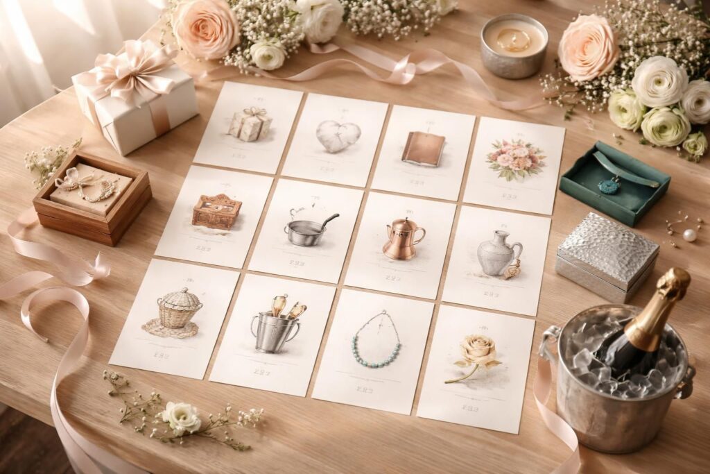 découvrez notre calendrier de noces avec les significations traditionnelles et découvrez des idées cadeaux originales pour chaque anniversaire de mariage.