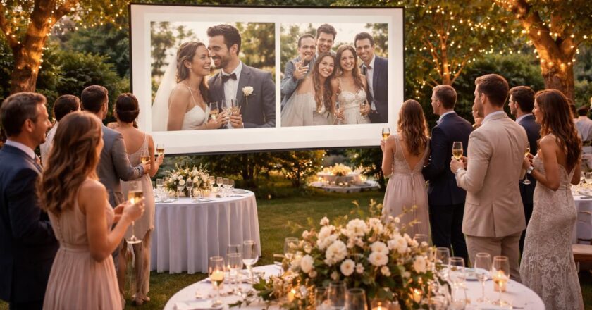Écran de projection pour les photos du mariage projetées en direct au cocktail
