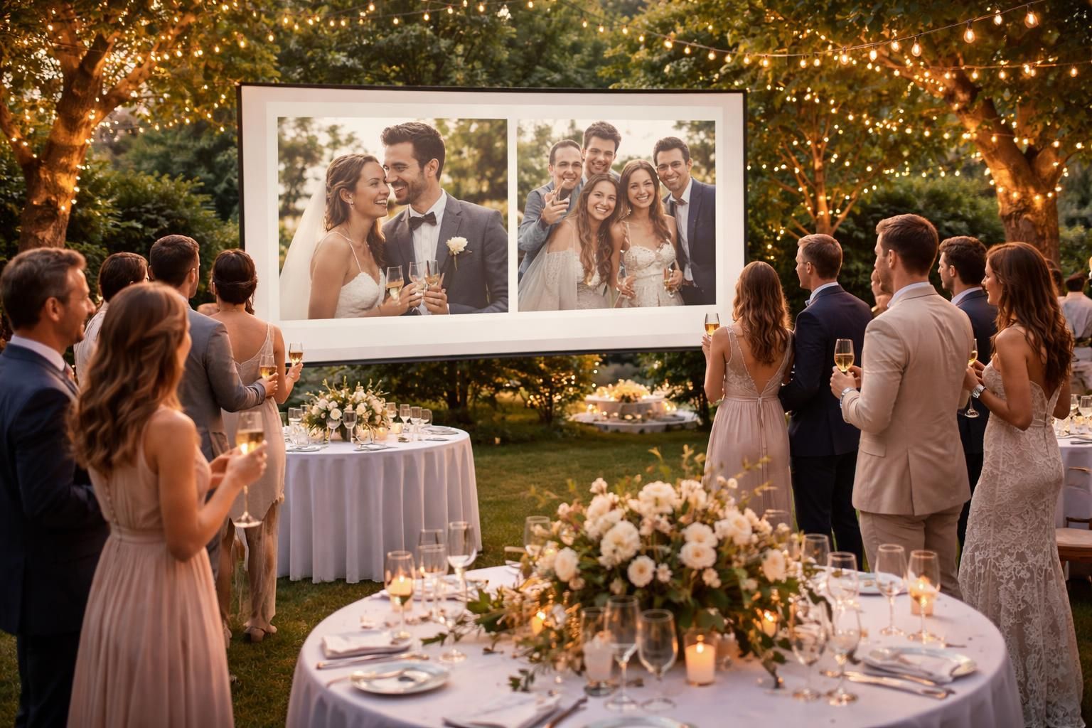 découvrez notre écran de projection parfait pour afficher en direct les photos de mariage lors de votre cocktail, créant une ambiance conviviale et mémorable.