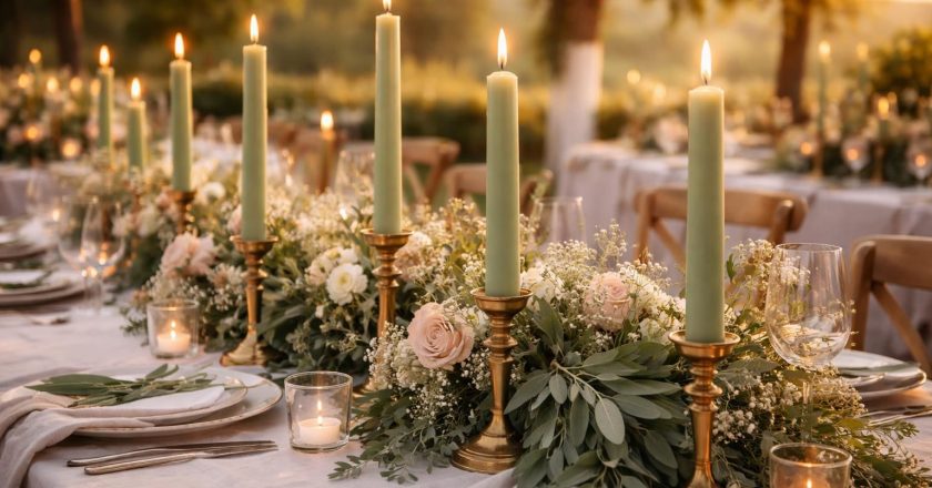 Bougies flambeau vert sauge : ambiance unique pour mariage