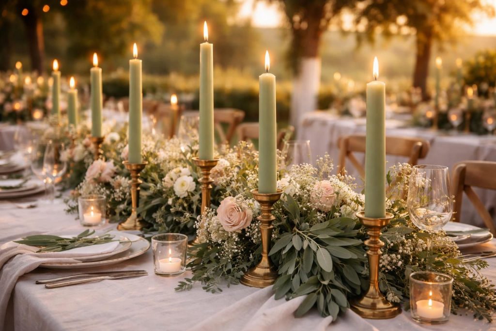 découvrez nos bougies flambeau vert sauge, idéales pour créer une ambiance chaleureuse et élégante lors de votre mariage. parfaites pour une décoration unique et raffinée.
