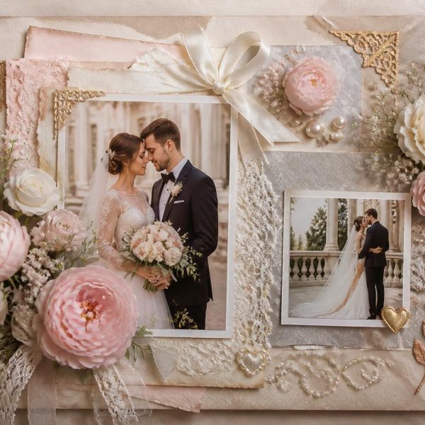 Idées inspirantes de page de scrapbooking pour un mariage chic et élégant