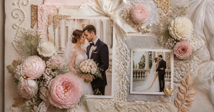 Idées inspirantes de page de scrapbooking pour un mariage chic et élégant