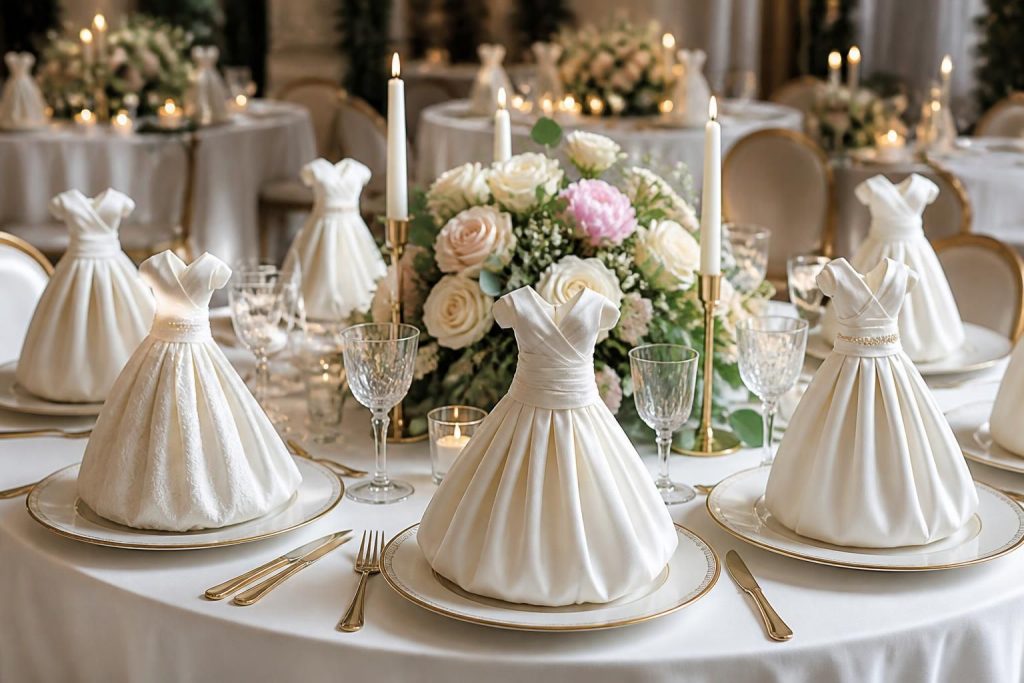 découvrez des idées modernes et traditionnelles de pliage de serviette en forme de robe, parfaites pour sublimer la décoration de votre mariage avec élégance et originalité.