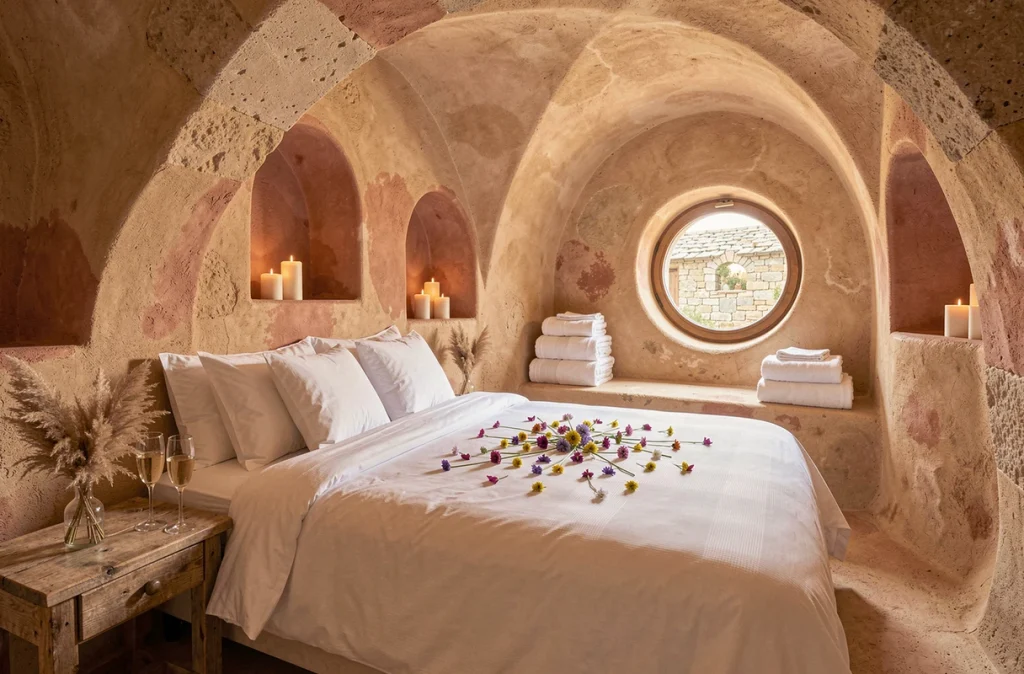 Intérieur romantique d'une chambre troglodyte insolite décorée pour une nuit de noces avec champagne et pétales de fleurs