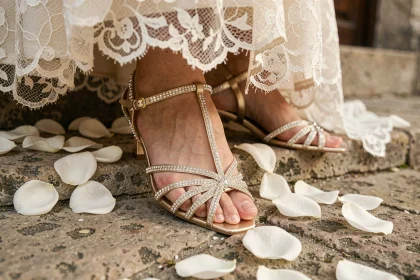 Chaussures de mariée dorées et strass posées sur des marches en pierre avec des pétales de rose blancs lors d'un mariage