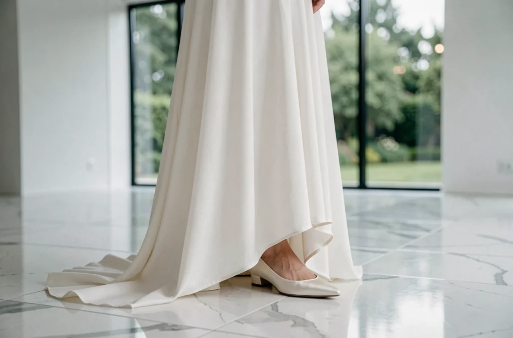Mariée portant des chaussures minimalistes en satin ivoire dans une salle de mariage moderne aux murs blancs et sol en marbre