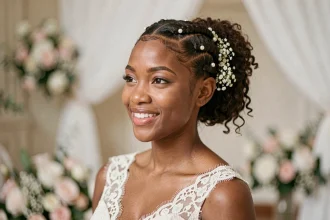Femme noire en robe de mariée ivoire avec une coiffure natte en chignon élaboré ornée de perles et de fleurs, portrait de mariage élégant