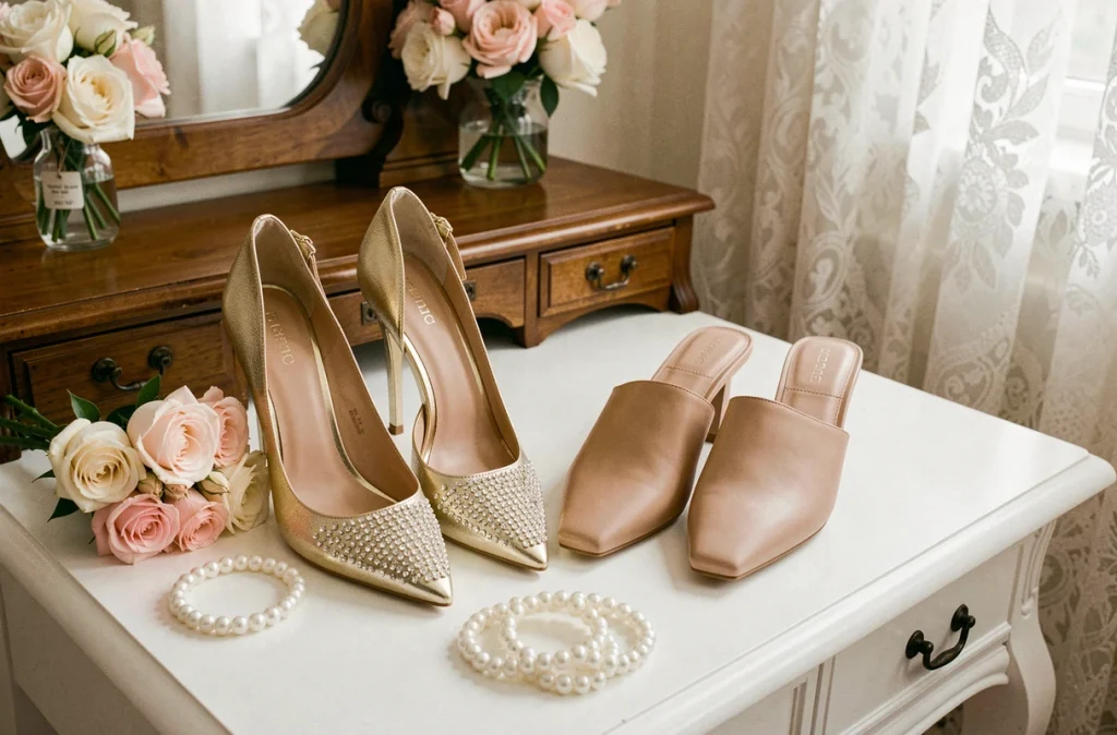 Comparaison de chaussures de mariée dorées à strass et de mules minimalistes nude posées sur une coiffeuse avec des roses et des accessoires de mariage