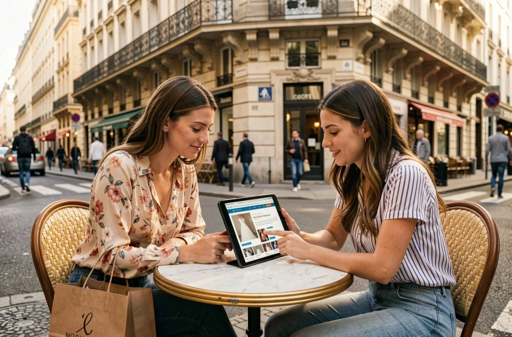 Deux femmes comparant des options de location et d'achat de robes de mariées pas cher à Paris depuis une terrasse de café