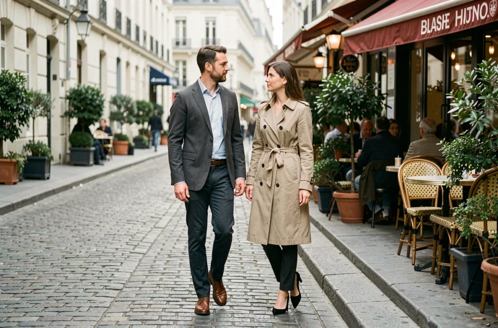 Couple élégant marchant discrètement dans une rue pavée parisienne près d'un café, évitant le regard de l'objectif