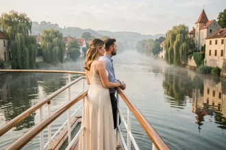 Couple en lune de miel à la proue d'un bateau de croisière fluviale sur un fleuve européen bordé de villages pittoresques