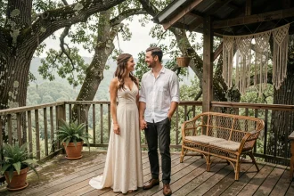Couple de jeunes mariés se tenant la main sur la terrasse en bois d'une cabane dans les arbres insolite entourée de chênes centenaires