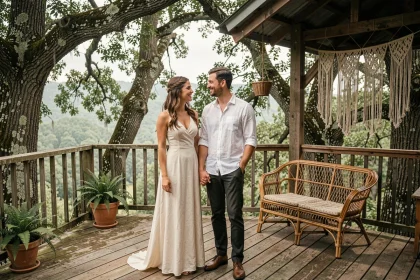 Couple de jeunes mariés se tenant la main sur la terrasse en bois d'une cabane dans les arbres insolite entourée de chênes centenaires