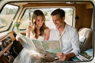 Couple de jeunes mariés riant en étudiant une carte routière dans un van vintage, prêts pour leur road trip après le mariage