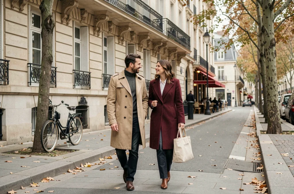 Couple élégant se promenant sur un boulevard parisien en automne, façades haussmanniennes et atmosphère intimiste de vie privée