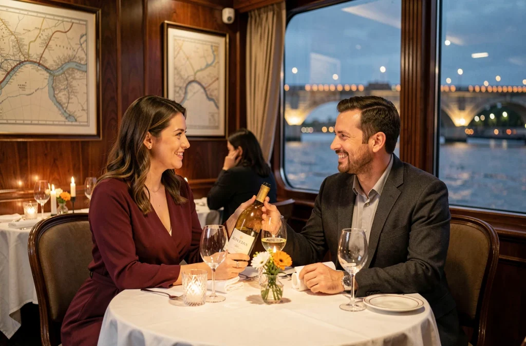 Couple en lune de miel dînant aux chandelles dans la salle à manger raffinée d'un bateau de croisière fluviale