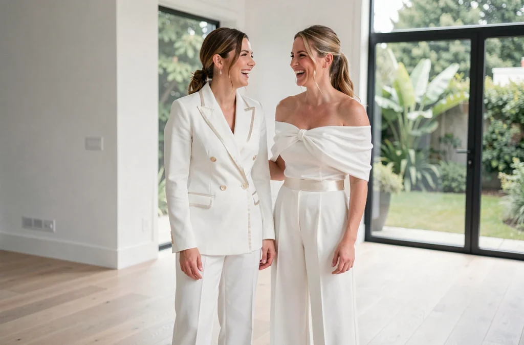 Deux femmes en ensembles pantalon blanc de mariée complémentaires riant dans un intérieur minimaliste aux murs blancs
