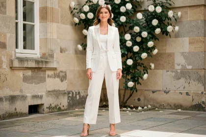 Femme en ensemble mariage pantalon blanc élégant avec blazer ivoire et sandales à talons dans une cour parisienne