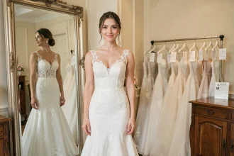 Jeune femme essayant une robe de mariée en dentelle dans une boutique de robes de mariées pas cher à Paris