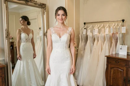 Jeune femme essayant une robe de mariée en dentelle dans une boutique de robes de mariées pas cher à Paris