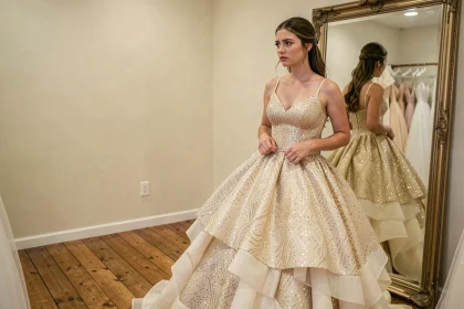 Mariée hésitante lors du premier essayage d'une robe princesse bouffante à paillettes dans une boutique de mariage