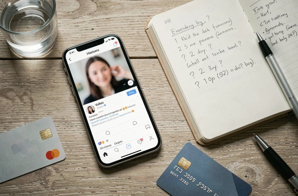 Vue en plongée d'un bureau avec smartphone affichant un faux profil, notes manuscrites et carte bancaire évoquant les risques de paiement en ligne