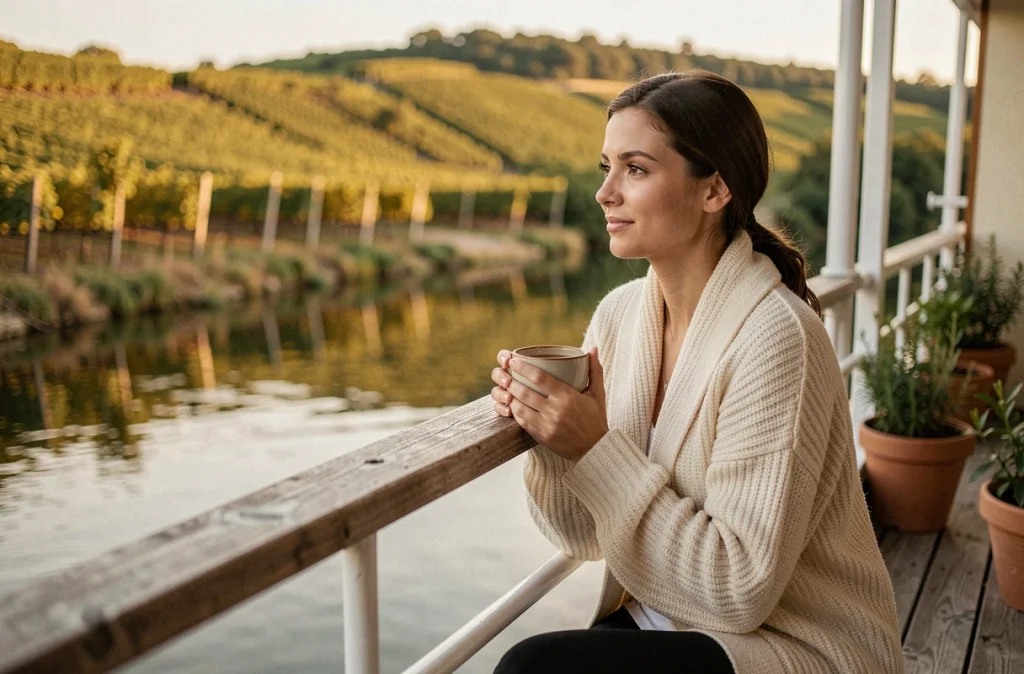 Femme contemplant un paysage de vignobles depuis le balcon privatif d'une cabine de croisière fluviale