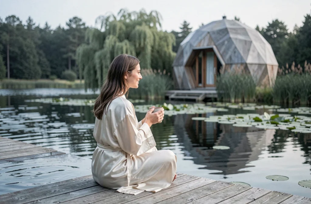 Femme en peignoir de soie assise sur un ponton au bord d'un lac privé face à une maison d'hôtes insolite en forme de dôme géodésique