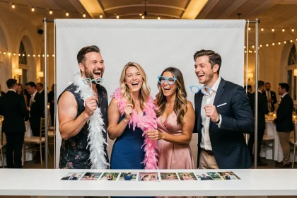 Groupe d'amis joyeux posant dans un photobooth lors d'une soirée de mariage avec des accessoires amusants
