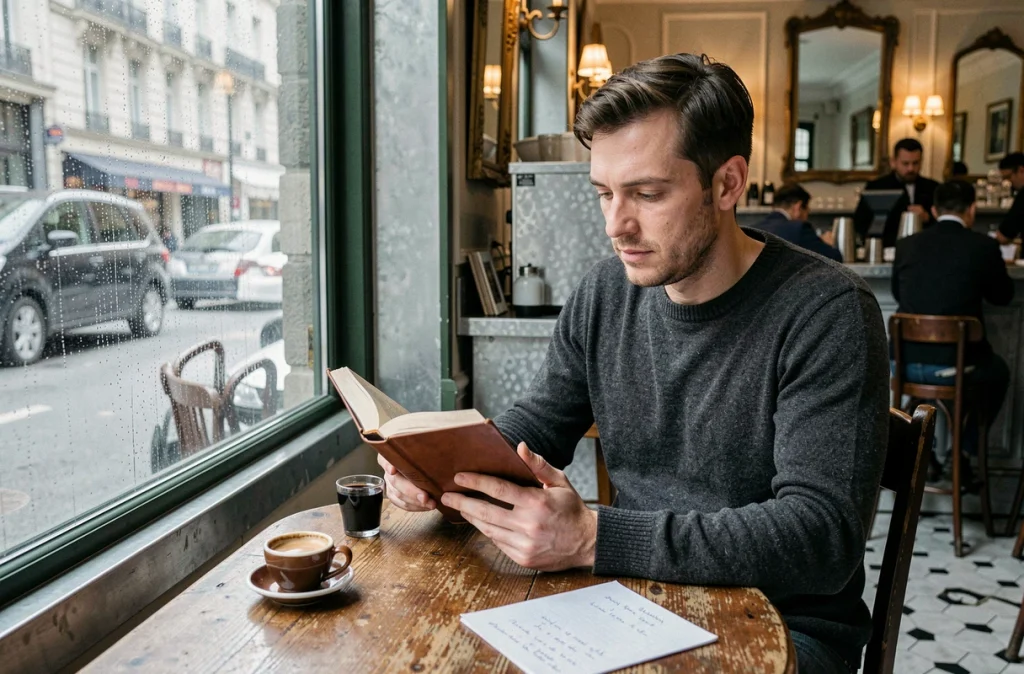 Homme seul dans un café parisien traditionnel, lisant un livre près d'une fenêtre mouillée de pluie, atmosphère introspective et vie intérieure