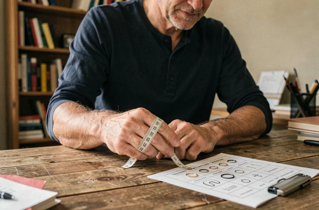 Homme utilisant un mètre ruban pour mesurer son doigt avec un guide de taille de bague