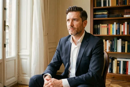 Portrait d'un homme politique français en costume marine dans un appartement parisien aux étagères garnies de livres, ambiance intellectuelle et sobre