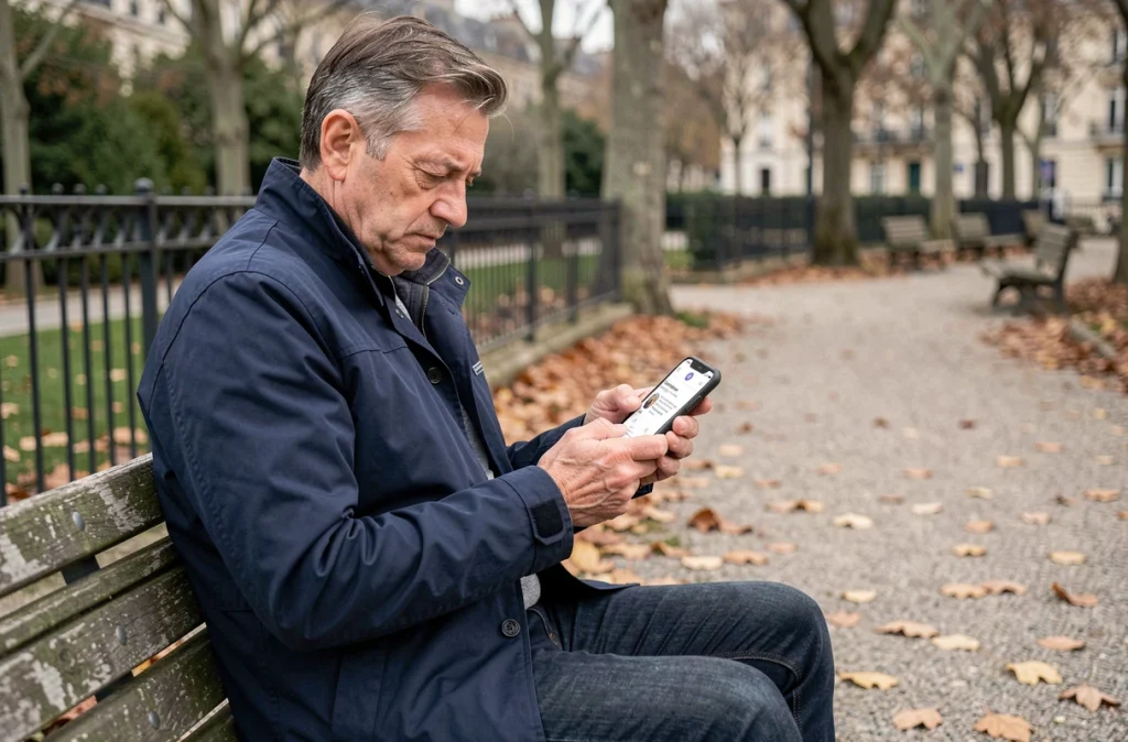 Homme d'âge mûr consultant un profil suspect sur une application de réseau social dans un parc urbain en automne