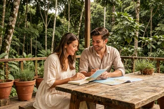 Jeunes mariés planifiant un voyage éco-responsable sur la terrasse d'un éco-lodge en bois entouré de forêt