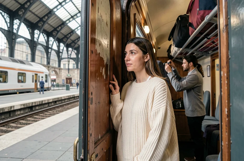 Femme en pull en laine dans l'embrasure d'un train couchette dans une grande gare européenne du XIXe siècle
